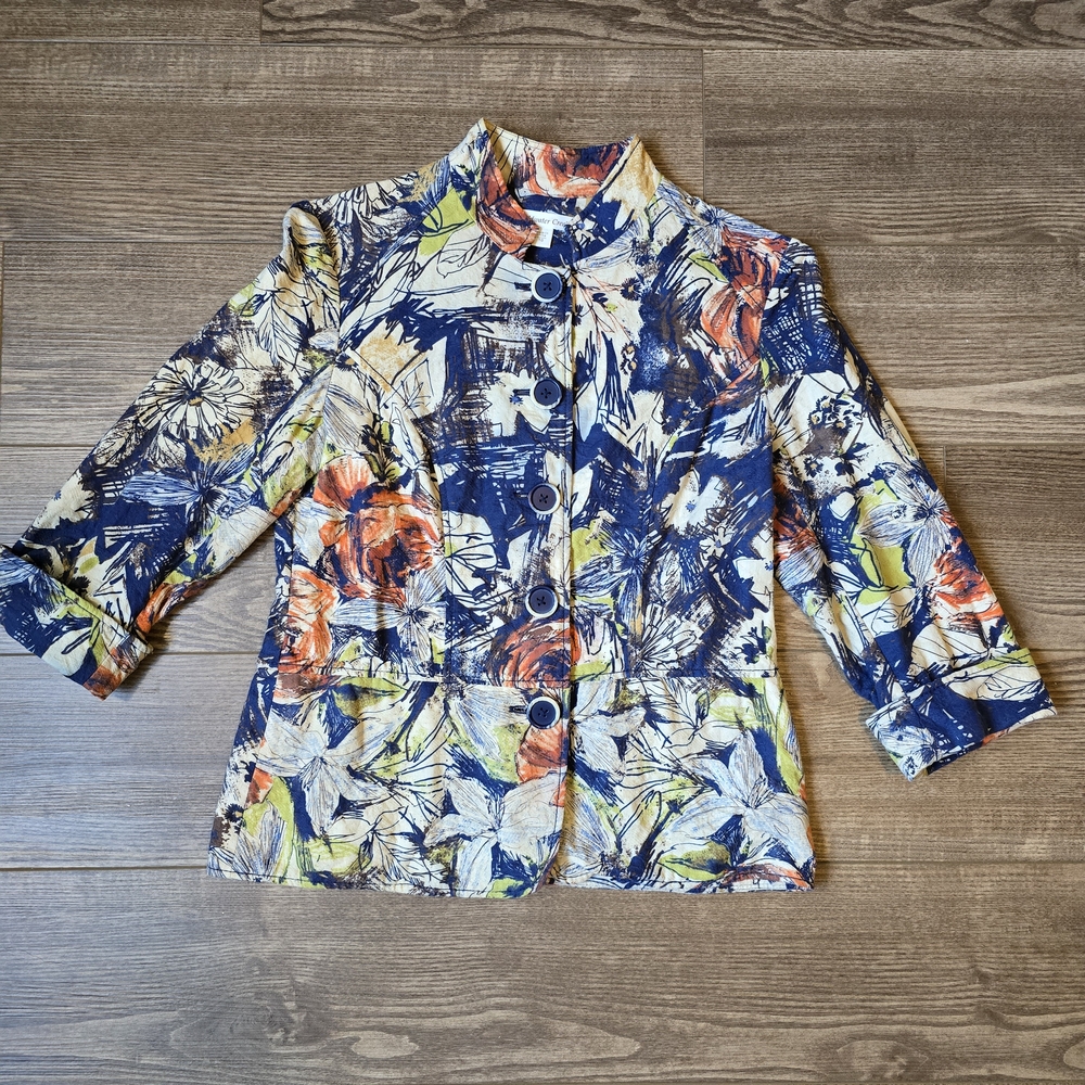 COLDWATER CREEK Jacket Womens 10 Cotton Floral Cuff Sleeve Blazer Artsy Boho